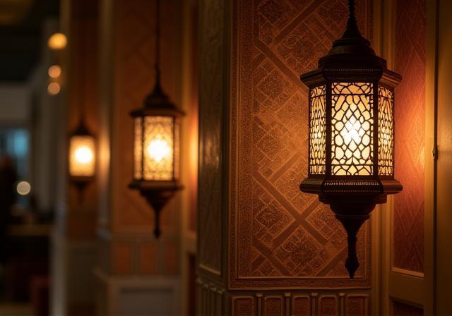 Another interior view of the dining area showing decorative elements and lighting.